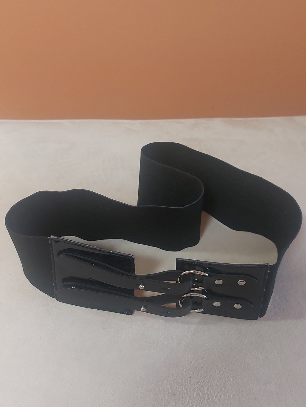 Wide XL, Black Elastic, and LeatherBelt with Double Clip Buckle.  Made In Italy